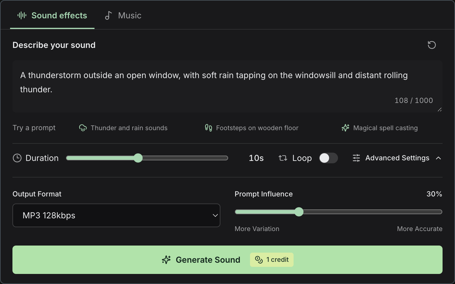 Create sound effect interface preview