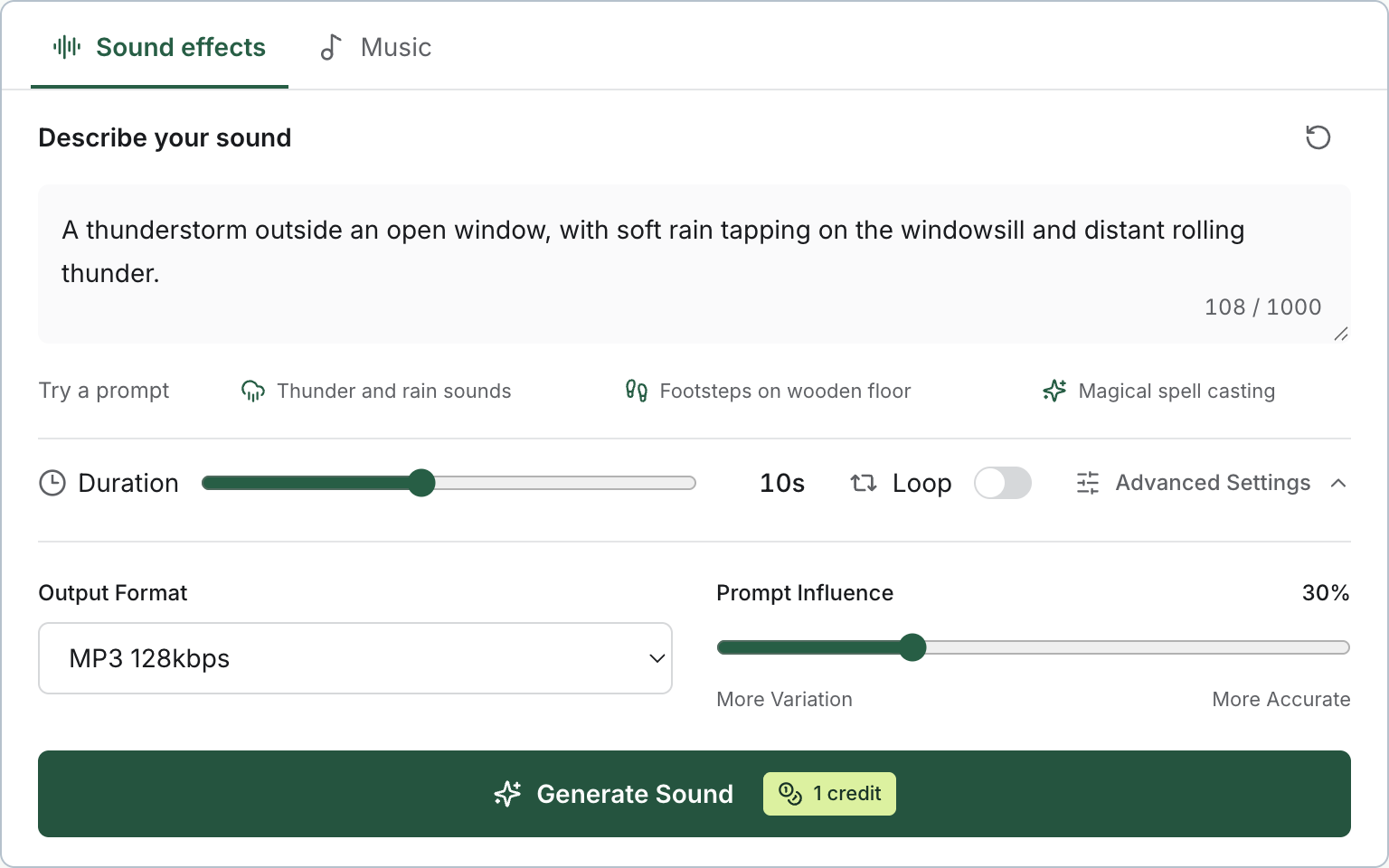 Create sound effect interface preview